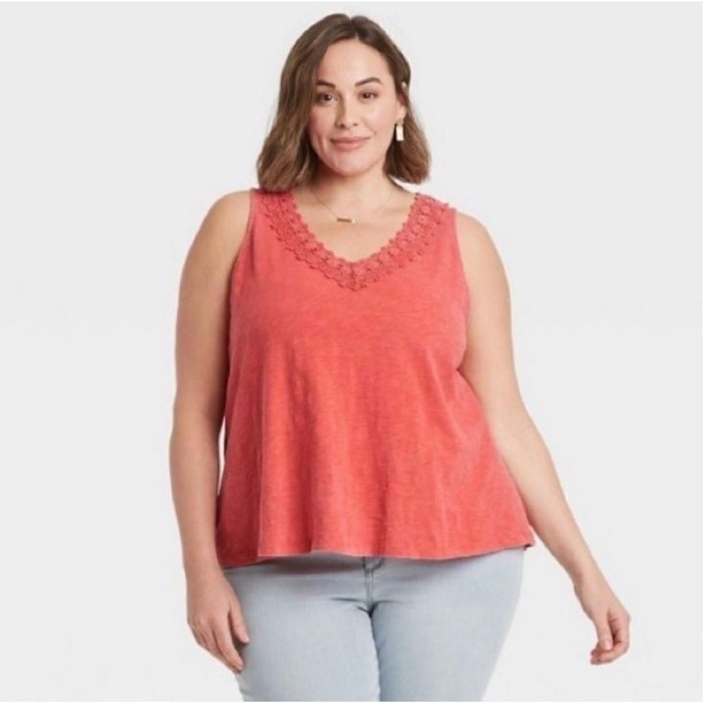 NWT Womens Knox Rose Lace Crocheted Trim V Neck Sleeveless Top - Sz 1X